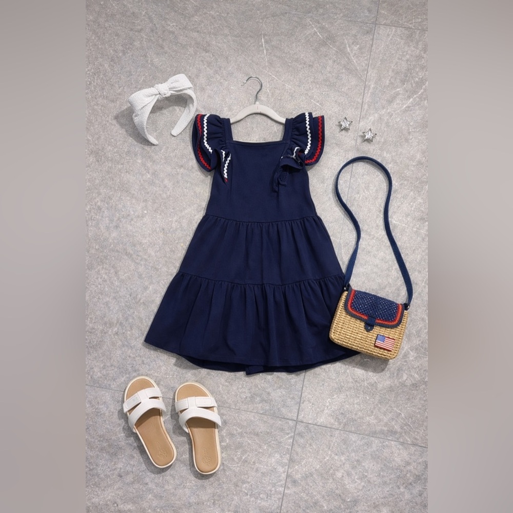 Janie and Jack Navy Ruffle Sleeve Tiered Dress with Trim